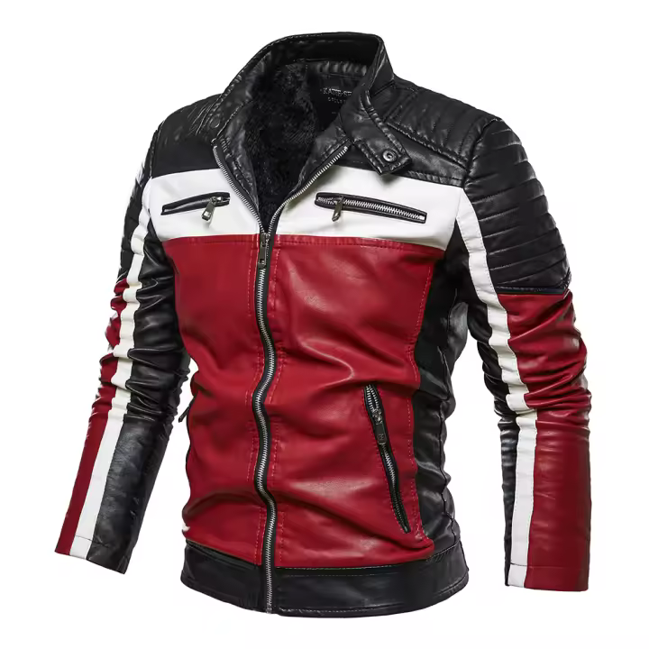 Chaqueta De Cuero Casual Para Moto De Otoño Para Hombres Con Cuello Alto Bloqueado De Colores Chaqueta De Cuero Artificial Moda De Piloto - 1