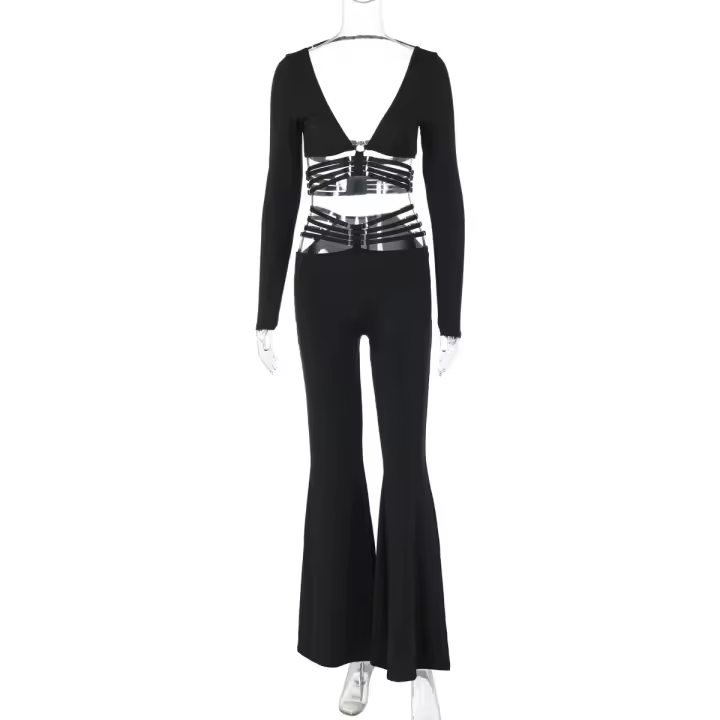 Conjunto De Dos Piezas Para Mujer Otoño Invierno Camiseta De Cuello V Con Espalda Descubierta Y Pantalones Delgados De Estilo Callejero - 1