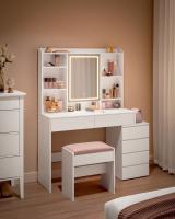 Tocador moderno con luces led ajustables, mesa de maquillaje con espejo, compartimentos y estantes ajustables, blanco nube - details 1