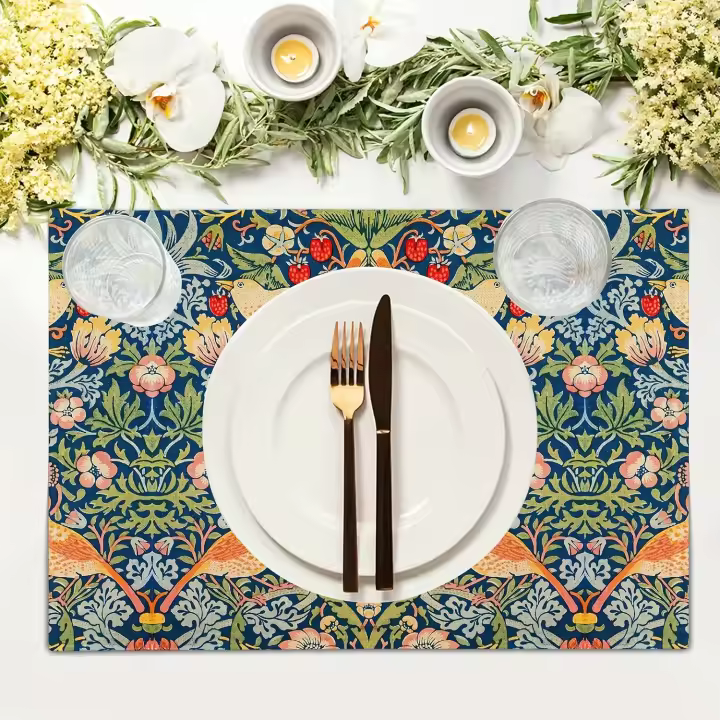 Mantelos De Lino Resistente Al Calor Con Estampado Floral De Pimpernel Y Pájaros Para Comedor Y Fiestas En Rojo Verde Azul - 1