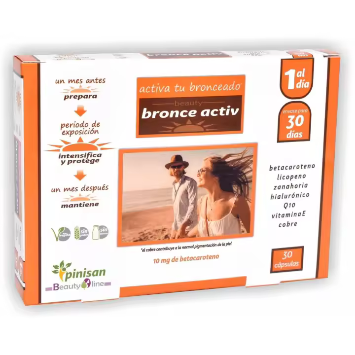 Pinisan Bronce Activ 30 Cápsulas - Contribuye a la Normal Pigmentación de la Piel - Betacaroteno, Licopeno, Ácido Hialurónico, Vitamina E, Cobre, Coenzima Q10, Zanahoria - 1