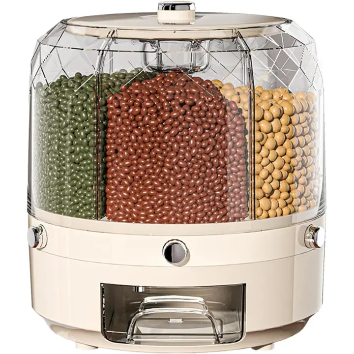 Contenedor de almacenamiento de granos, tarro redondo giratorio de 360° para alimentos secos con 6 compartimentos, dispensador de cereales y arroz con botón a presión - 1