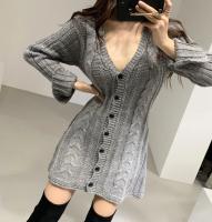 Vestido De Suéter Para Mujer Con Manga Larga Tejido En Cable Botón Abajo Mini Vestido A-Line Casual Para Otoño E Invierno Chic - details 1