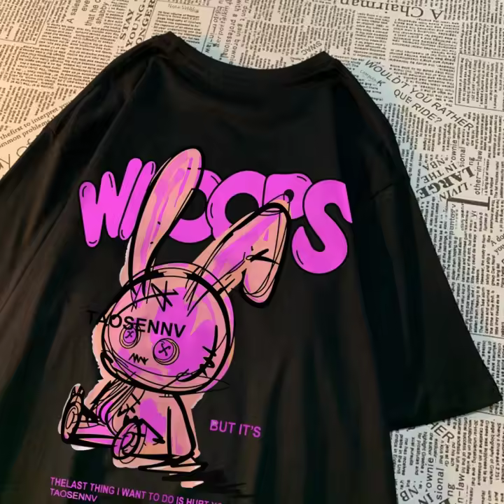 Camiseta De Algodón Rosa Con Diseño De Conejo Para Hombres Y Mujeres Camiseta Suelta De Estilo Vintage Anime Cuello Redondo Casual - 1