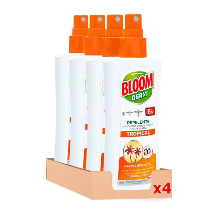 Bloom Derm Loción Tropical (4 x 100 ml), repelente de mosquitos transmisores de enfermedades tropicales - 1
