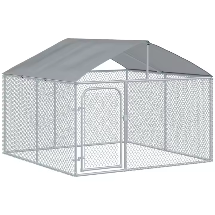 PawHut Perrera de Exterior con Toldo 230x230x175 cm Jaula para Perros Mascotas de Acero Galvanizado con Cerradura para Jardín Patio Plata - 1