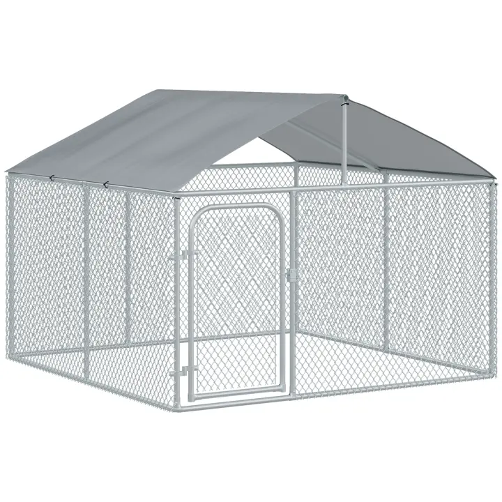 PawHut Perrera de Exterior con Toldo 230x230x175 cm Jaula para Perros Mascotas de Acero Galvanizado con Cerradura para Jardín Patio Plata - 1