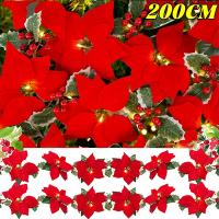 Guirnalda De Flores De Navidad LED 2M Con Poinsettia Rojas Y Hojas De Hollejo Con Led 10 Luces Pilas Incluidas Para Decoración Del Hogar - details 10