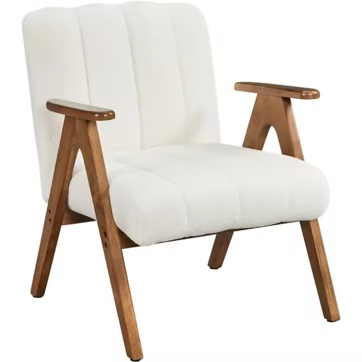 Sillón de Salón con Patas de Madera Maciza Respaldo y Cojín de Asiento Acolchado Sillón Relax Tapizado en Tela Bucle para Rincones de Lectura Salas de Estar Blanco - 1