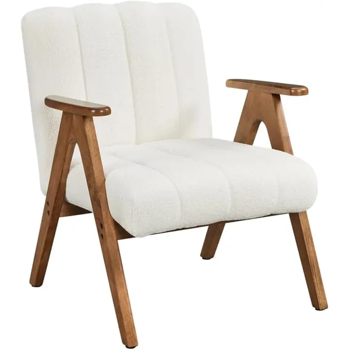 Sillón de Salón con Patas de Madera Maciza Respaldo y Cojín de Asiento Acolchado Sillón Relax Tapizado en Tela Bucle para Rincones de Lectura Salas de Estar Blanco - 1
