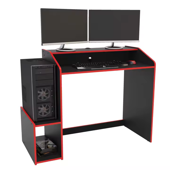 Mesa Gamer Legend Negro y Rojo Estilo Moderno 116 cm 1 Estante con altillo para pantalla Melamina - 1