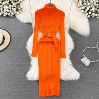 Vestido Maxi De Cuello Alto Para Mujer YuooMuoo 2024 Otoño Invierno Elegante Ajustado Con Cinturón Estilo Bodycon Tejido Ribbed Suave Y Elástico - details 15