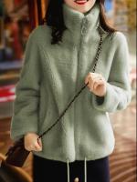 Abrigo De Mujer Caliente Con Cierre De Cremallera Y Doble Cara De Peluche Acolchado Cuello Alto Faux Fur Abrigo De Mujer - details 0