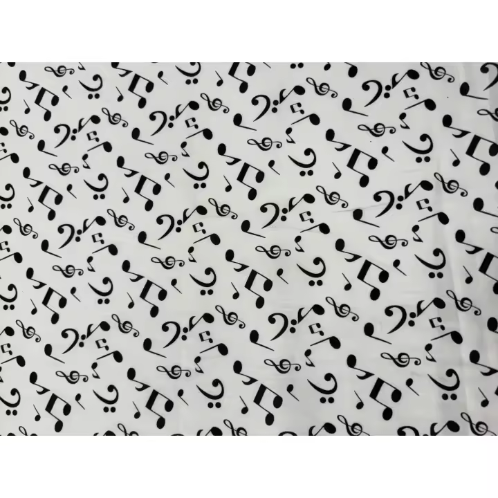 No Application Tela Doble Gasa Estampado Blanco y Negro - Notas Musicales - 1