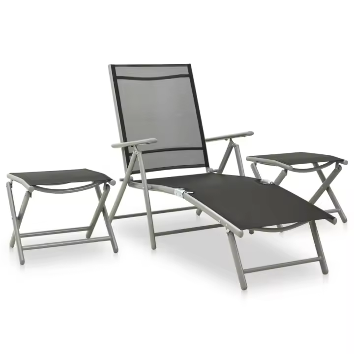 vidaXL Set de muebles de jardín 3 piezas textilene aluminio en color Plateado/Negro | almacenamiento funcional diseño moderno para baño dormitorio sala - 1