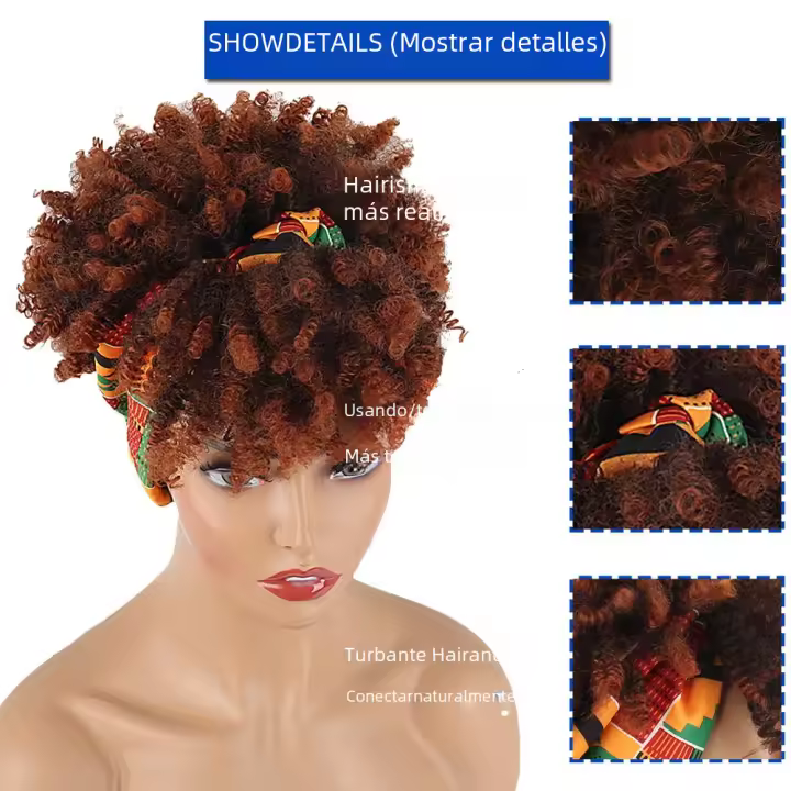 Pelucas Rizadas Para Mujeres Negras Con Diadema Peluca Corta Africana Kinky Rizada De Sintético Con Diadema Attachada Tamaño Promedio 2 En 1 - 1