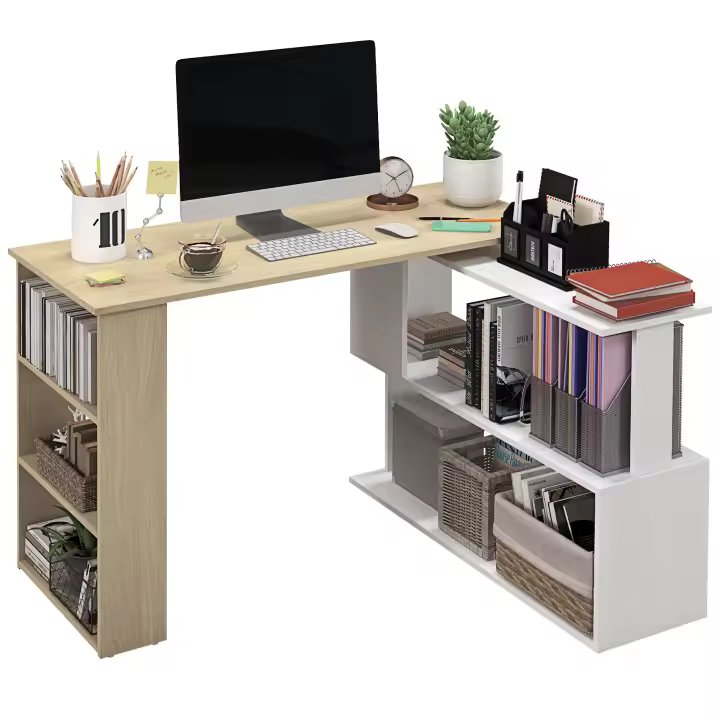 HOMCOM Escritorio Esquinero Giratorio, 120x110 cm, Escritorio en L, Mesa de Escritorio con Estantes, para Oficina en Casa, Estudio, Hogar, Natural y Blanco - 1