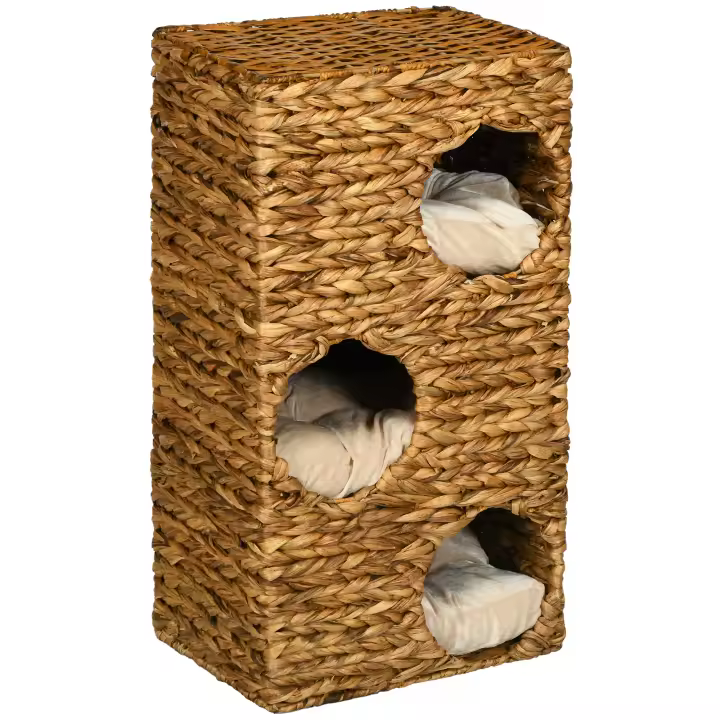 PawHut Barril rascador para gatos de 76 cm de alto con 3 cuevas, cojines lavables, poste rascador, torre para gatos hecha de jacinto de agua, marrón claro - 1