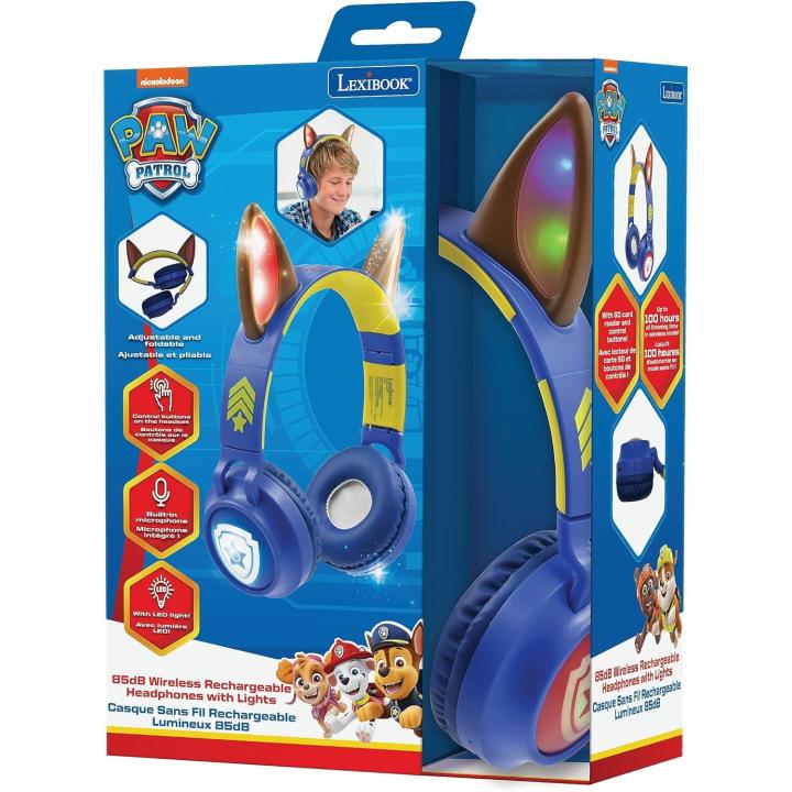 LEXIBOOK, Paw Patrol, Auriculares 2 en 1 inalámbricos y con Cable con Orejas de persecución, Sonido Limitado a 85 dB, Efectos de luz, Plegable, Ajustable, Recargable, Azul, HPBT015PA