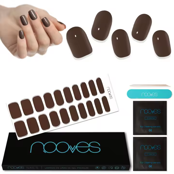 NOOVES - Láminas de Gel para Uñas Chocolat - Marrón 20 uds, Uñas de Gel Semicuradas Premium, Gel Nail Stickers,Pegatinas Uñas de Gel, Incluye 1 Lima de Uñas y 1 Palito de Naranjo, Vegano - 1