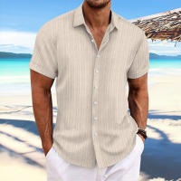Camisa Casual De Hombre De Algodón Y Lino Con Rayas Jacquard Verano Cómoda Corta Color Sólido Moda Cierre Único Estilo Turn-down Collar - details 11