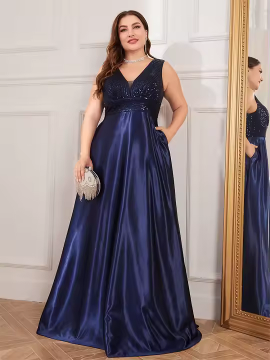Vestido De Noche Elegante De Talla Grande Con Lentejuelas Para Mujer V-Neck Satén Fiesta Prom Formal De Largo Floor Length - 1