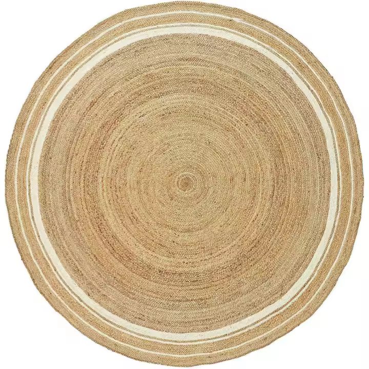 COSHANO Alfombra Redonda Yute Natural Trenzado Beige con Algodon Blanco 100cm - 1