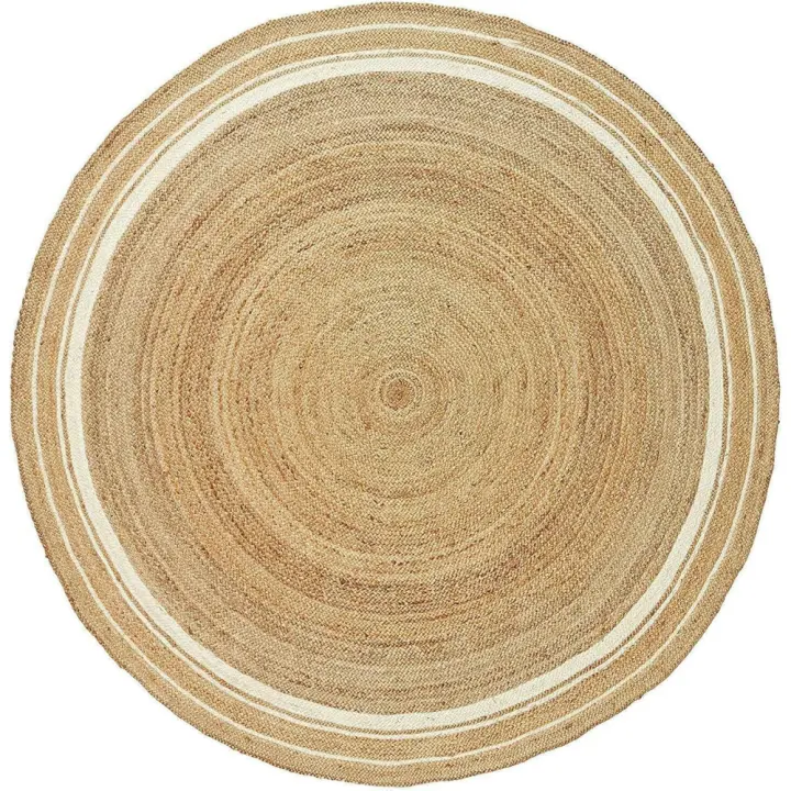 COSHANO Alfombra Redonda Yute Natural Trenzado Beige con Algodon Blanco 100cm - 1