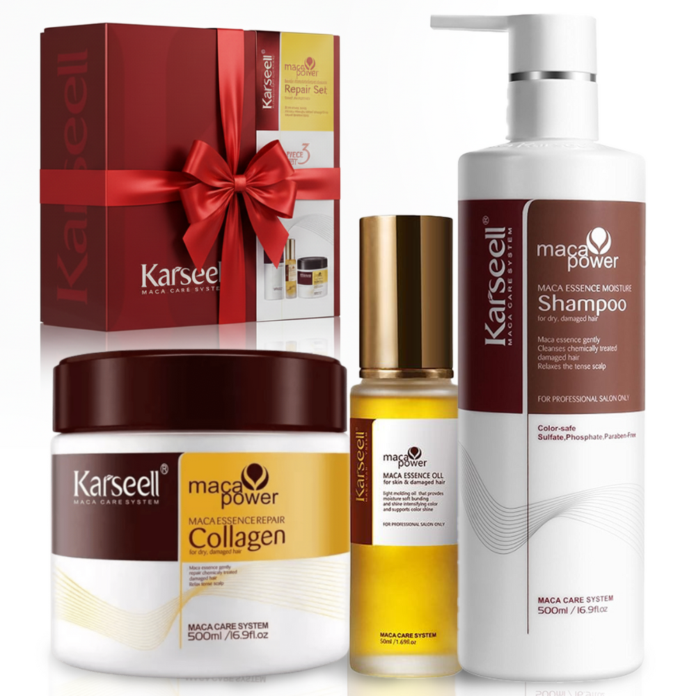 KARSEELL - Set Cuidado Capilar 1 Mascarilla Capilar 500ml. + 1 Aceite de Argán 50ml. + 1 Champú Hidratante 500ml.  Colágeno Aceite de Argán Esencia de Maca Reparación Capilar Cabello Seco y Dañado