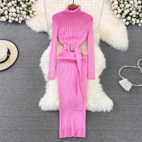 Vestido Maxi De Cuello Alto Para Mujer YuooMuoo 2024 Otoño Invierno Elegante Ajustado Con Cinturón Estilo Bodycon Tejido Ribbed Suave Y Elástico - details 9