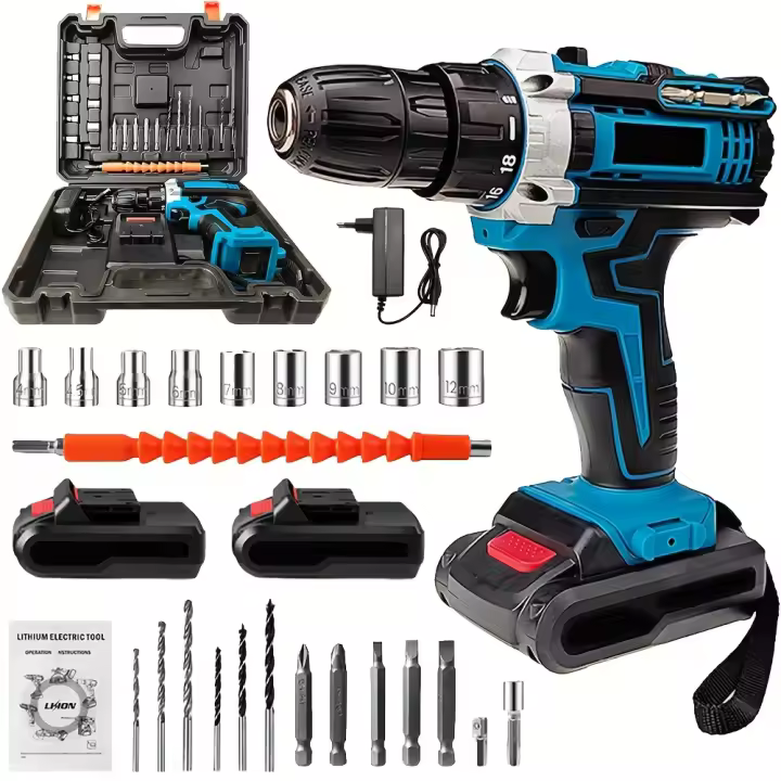Taladradora recargable 21V, taladradora recargable de alta velocidad 1600rpm, destornillador recargable con 2 baterías, 32 configuraciones de par, 24 accesorios, hogar DIY - 1