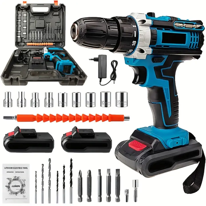 Taladradora recargable 21V, taladradora recargable de alta velocidad 1600rpm, destornillador recargable con 2 baterías, 32 configuraciones de par, 24 accesorios, hogar DIY - 1