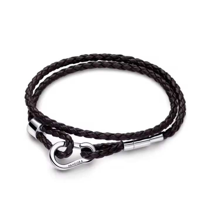 PANDORA Pulsera Dream Rope de piel trenzada de doble vuelta marrón con hebilla de alpinismo moderna 593338C01 38 cm - 1