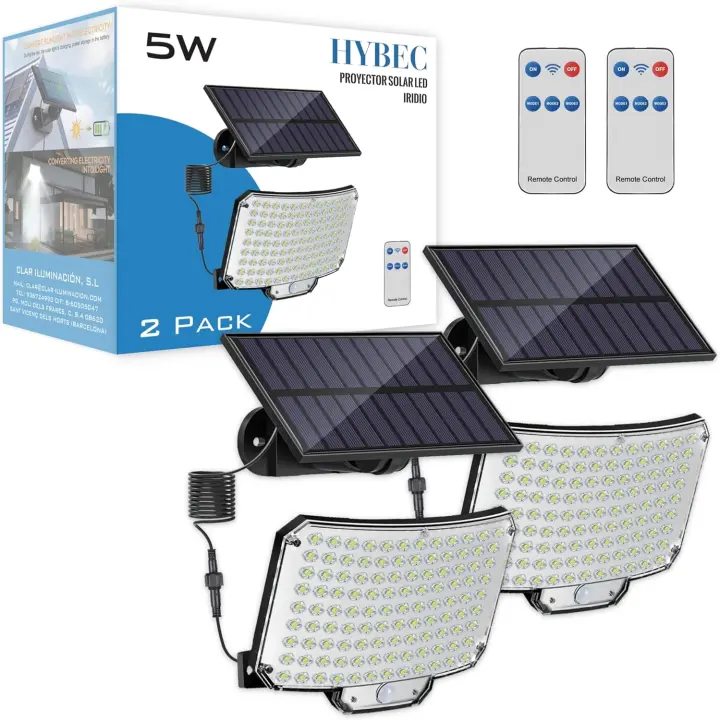 HYBEC - Focos LED Exterior Solares, Foco Solar Exterior, Foco Solar exterior Potente, Focos Solares, Solar Lights Outdoor, Luz Solar exterior con sensor de movimiento, Luces Solares Exterior (Pack 2) - 1