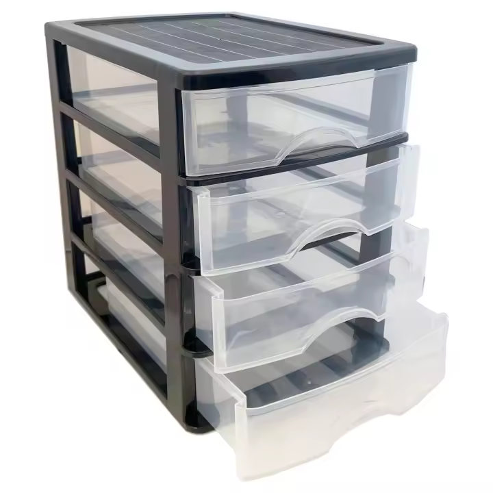 Tradineur - Cajonera de sobremesa - Fabricado en España - 4 Cajones Transparentes - Torre de almacenaje, armario, baño, oficina - 35 x 27 x 35,5 cm - Color Negro - 1