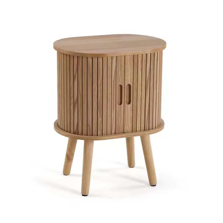 VERSA -  Mesilla ovalada  en madera natural un cajón tipo persiana , y unas medidas de 40x30x50 cm - 1