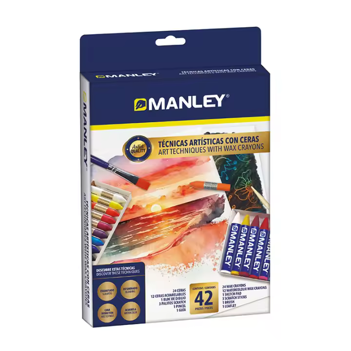 SET TECNICAS ARTISTICAS CERAS MANLEY 42 PZAS. DOMINIO TECNICAS CON CERAS INCLUYENDO PINCEL, BLOC DE DIBUJO Y GUÍA DE USO - 1