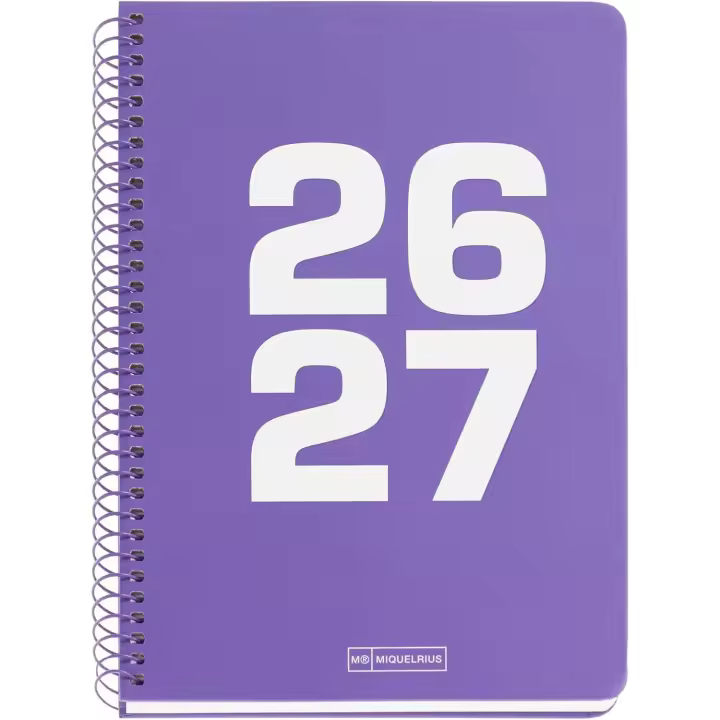 Miquelrius MR21046 Agenda escolar 2026 2027 día página 10 meses, Tamaño A5+ (15×21,3 cm), Cartón plastificado, Espiral metálico a color, Cantos redondeados, Año en relieve, Stickers, Español-EN, Lila - 1