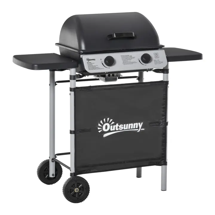 Outsunny Barbacoa de Gas con 2 Quemadores 5,6 KW BBQ de Gas con 2 Ruedas 2 Mesas Laterales y Parrillas de Acero para Picnic Camping 104x49x99 cm Negro - 1