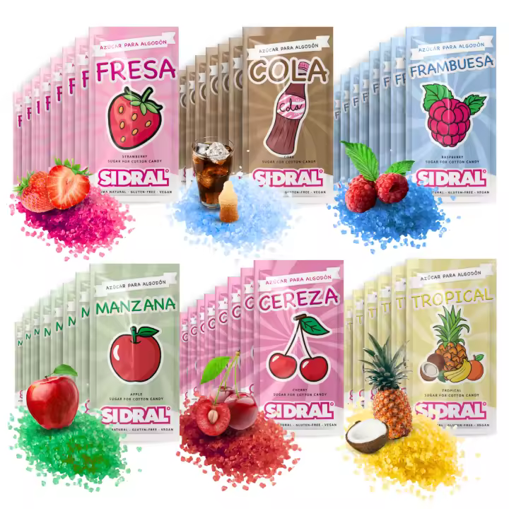 SIDRAL - 1000 grs. / 50 monodosis Degustación - Azúcar para Maquina de Algodón, Azucar de Sabores - 6 Sabores: Fresa, Manzana, Cereza, Cola, Tropical y Frambuesa. - 1