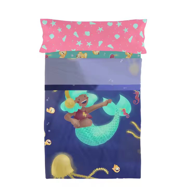 Happyfriday- Happy mermaid Juego de sábanas 2 piezas (No incluye bajera), Juegos de sábanas 100% Algodón, calidad de 150 TC, Fabricado en España - 1