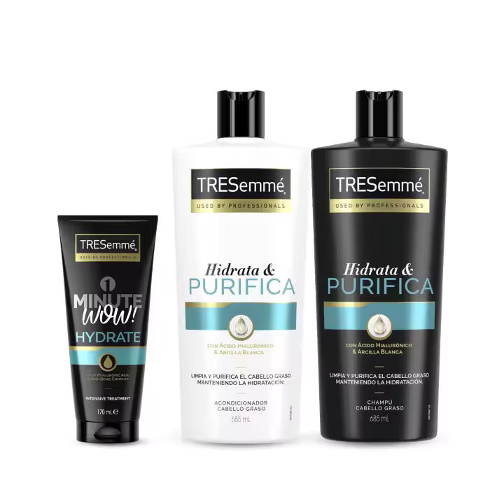 TRESemmé Pack Hidrata y Purifica Champú 685ml + Acondicionador 685ml + Mascarilla 1 Minute WoW 170ml - Pack de 3 - 1