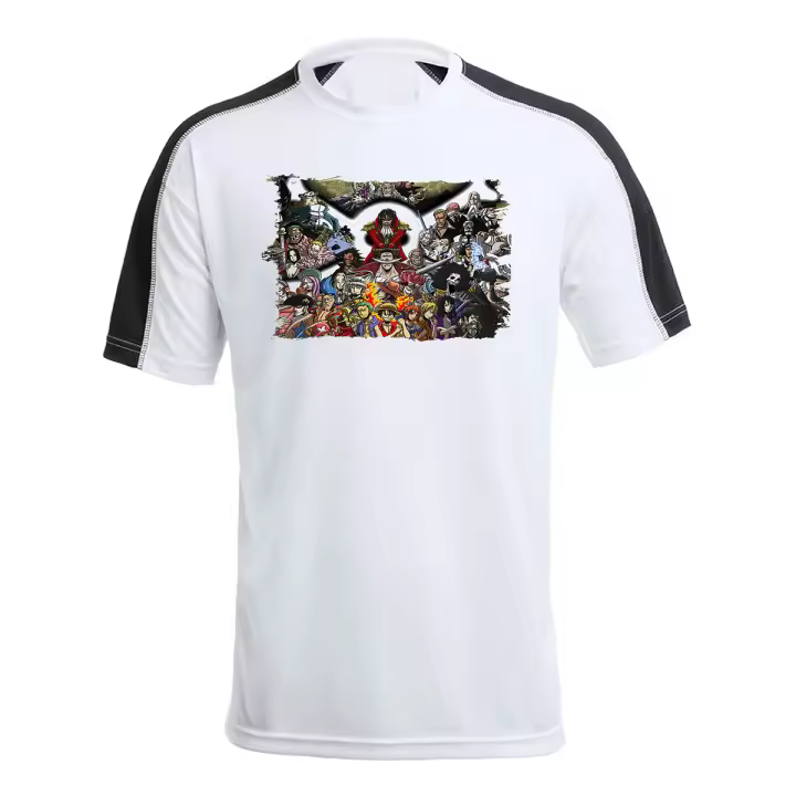 MERCHANDMANIA CAMISETA TÉCNICA FRANJA MANGAS NEGRA one piece todos gold d roger rey pirata piratas tshirt - 1