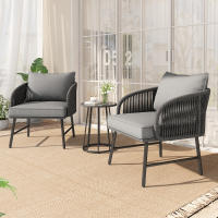 Juego de Bistro 3 Piezas, Juego de Muebles de Balcón, Cuerda Trenzada a Mano, Tabla de Vidrio, Sillas con Capacidad de Carga de 160Kg, para Terraza, Jardín y Balcón, Gris - details 0