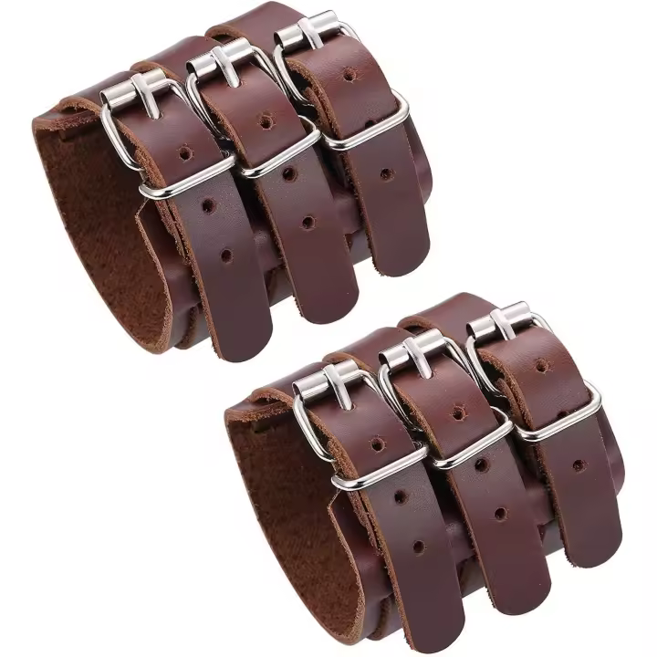 2PCS Pulsera Cuero Genuino para Hombres Mujeres Cinturón Pulsera Ancha Hebilla Sujeción Brazo Armadura Brazalete Unisex Pareja Brazalete, Negro/Marron - 1