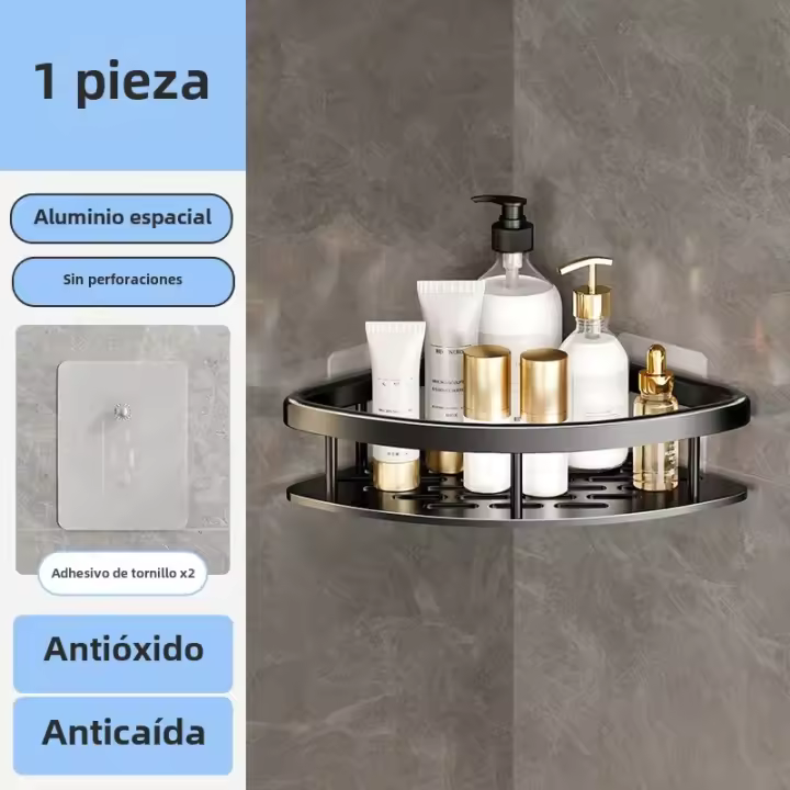 Estante de baño de aleación de aluminio, organizador de almacenamiento de maquillaje, champú, ducha, accesorios de baño, sin taladro, estante de pared - 1