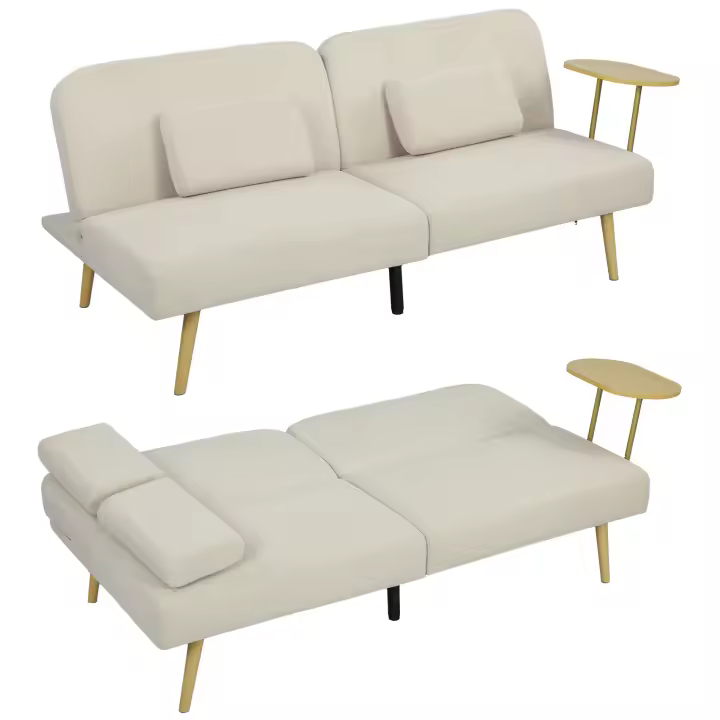 HOMCOM Sofá Cama de 3 Plazas con Mesa Auxiliar, 3 en 1, Sofá Cama Convertible con Respaldo Ajustable, Apertura Clik-Clak, 2 Almohadas para Reposabrazos y Patas de Metal, 196x86x81 cm, Beige - 1