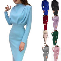 Vestido Largo De Color Sólido Para Mujer Con Cintura Ajustada Manga Larga Y Cuello Redondo Estilo Europeo Y Americano Para Primavera - details 0