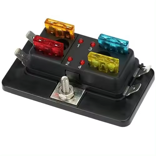AUTOZOCO Portafusibles 4 Vias con indicador LED, Portafusibles de 4 salidas con indicador LED, Apto para 4 fusibles estándar (ATO/ATC) (1x5A, 1x10A, 1x15A, 1x20A), Voltaje nominal: 32 V CC (máx.) - 1