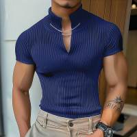 Camiseta De Hombre 2024 Knitted Vuelta En V Color Sólido Verano Estilo Casual Camiseta De Moda Streetwear Manga Corta Tallas S-5XL INCERUN - details 2